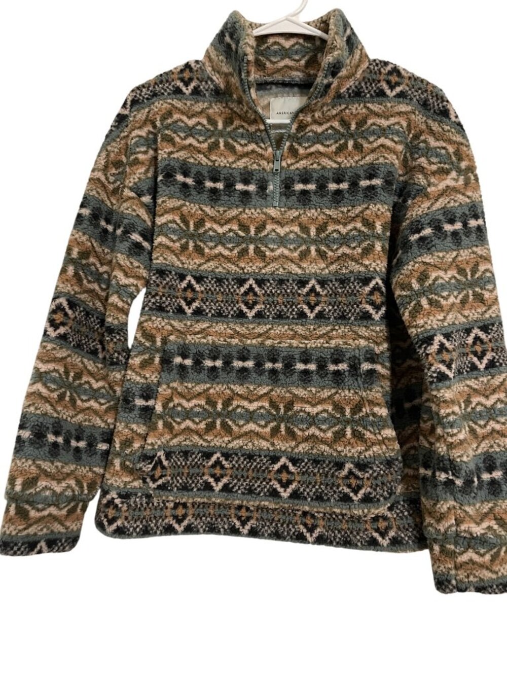 American Eagle Size XXS Fair Isle Sherpa Fleece Quarter-Zip Pullover Teal Tan